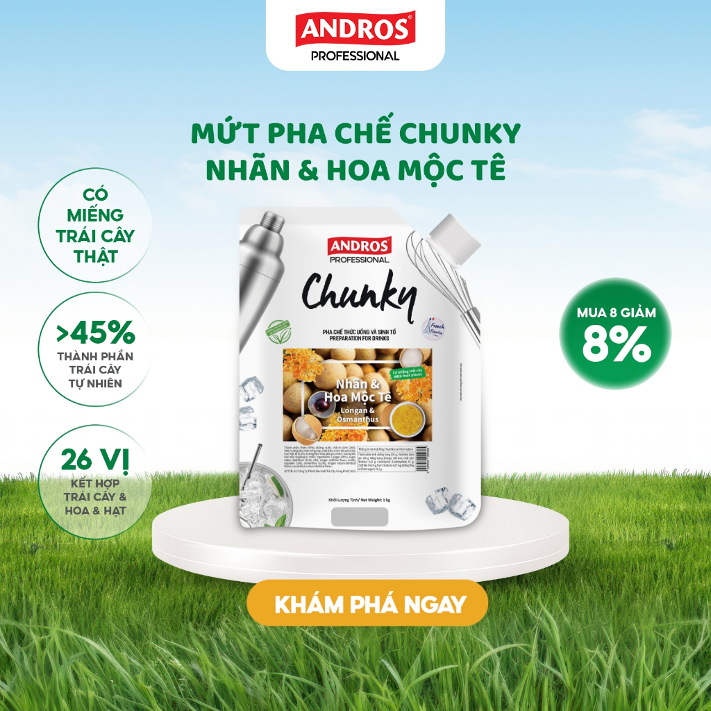 Ảnh Mứt Pha Chế Nhãn & Hoa Mộc Tê - Có miếng trái cây thật - Nguyên liệu pha chế - ANDROS CHUNKY - 1kg 1