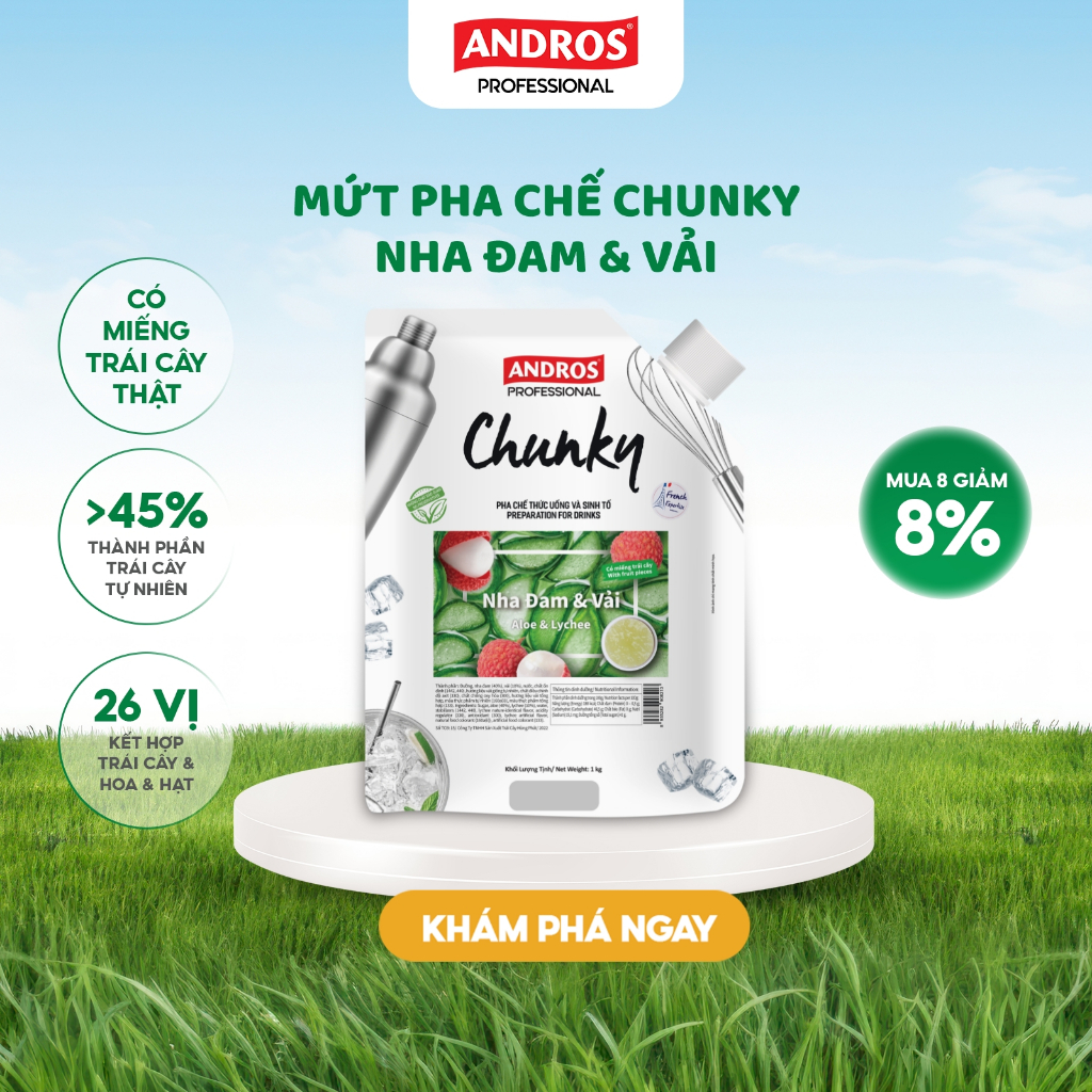Ảnh Mứt Pha Chế Nha Đam & Vải - Có miếng trái cây thật - Nguyên liệu pha chế - ANDROS CHUNKY - 1kg 1