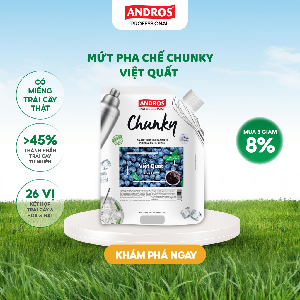 Ảnh Mứt Pha Chế Việt Quất - Có miếng trái cây thật - Nguyên liệu pha chế -  ANDROS CHUNKY - 1kg 1