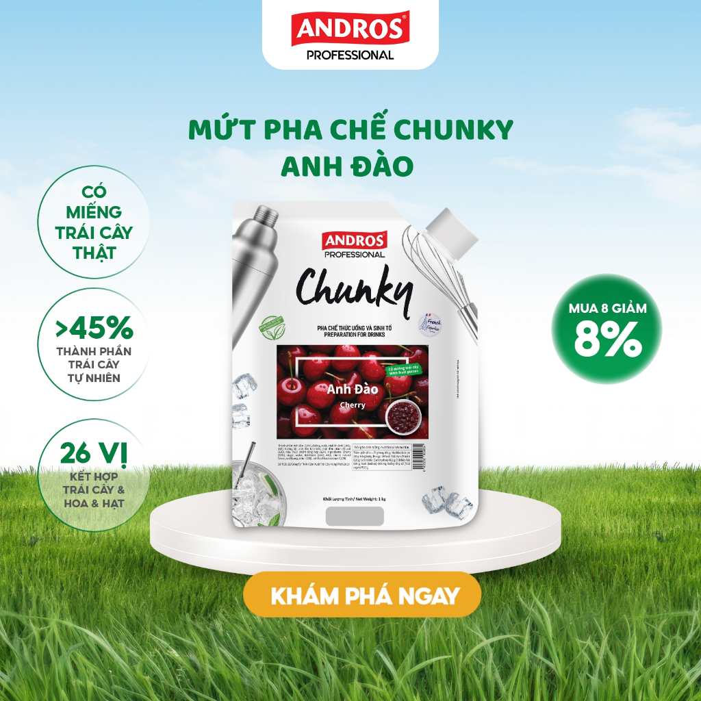 Ảnh Mứt Pha Chế Anh Đào - Có miếng trái cây thật - Nguyên liệu pha chế - ANDROS CHUNKY - 1kg 1
