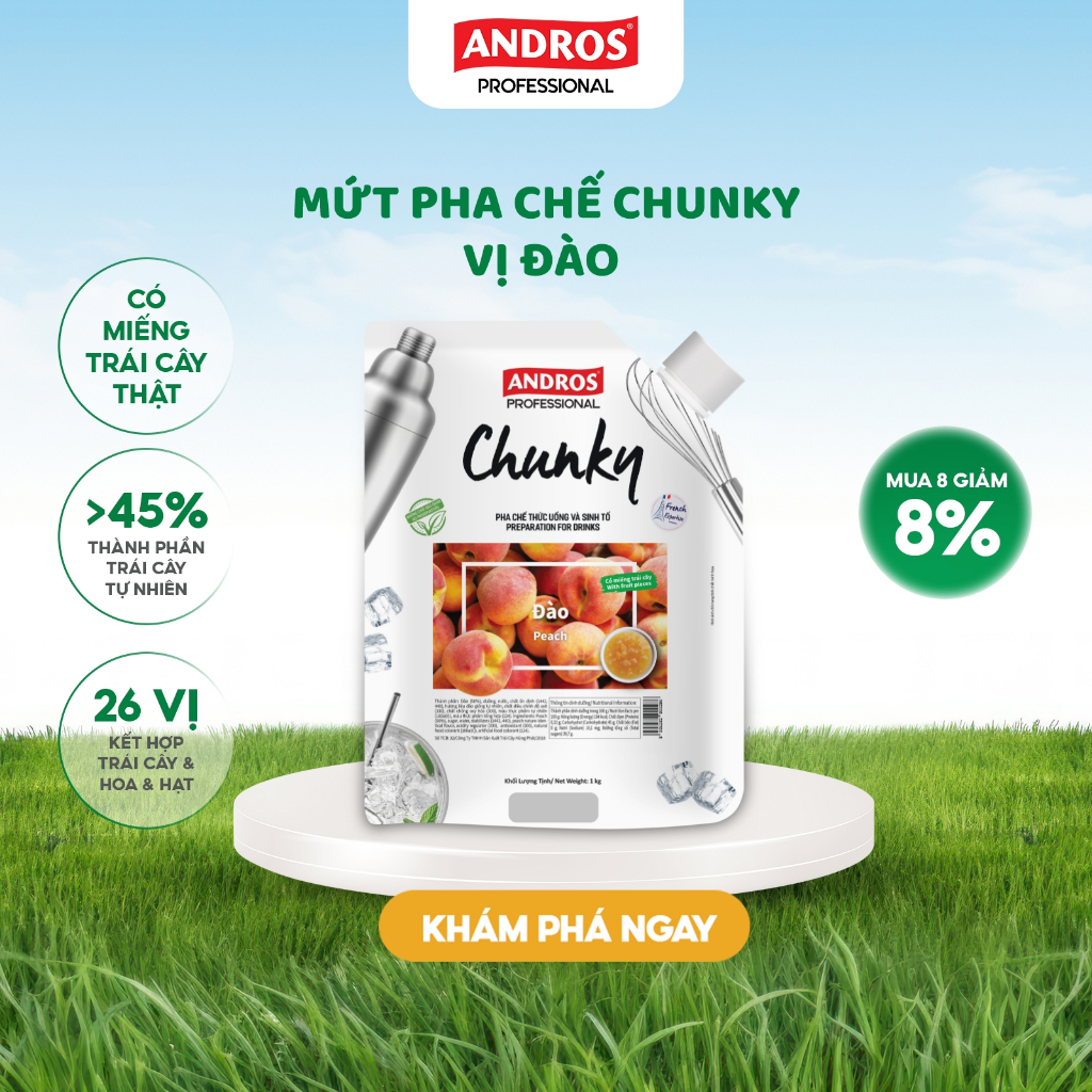 Ảnh Mứt Pha Chế Đào - Có miếng trái cây thật - Nguyên liệu pha chế -  ANDROS CHUNKY - 1kg 1
