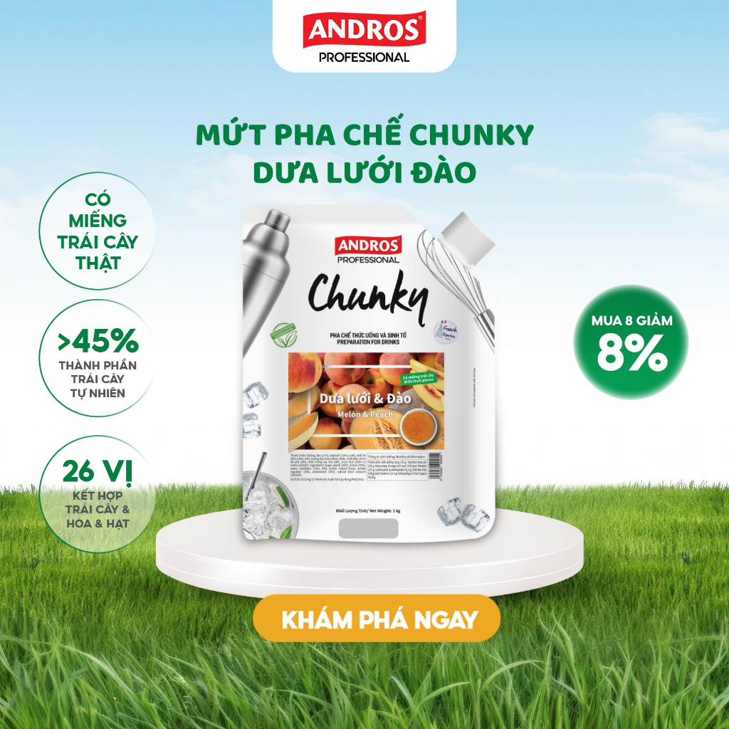 Ảnh Mứt Pha Chế Dưa Lưới & Đào - Có miếng trái cây thật - Nguyên liệu pha chế - ANDROS CHUNKY - 1kg 1