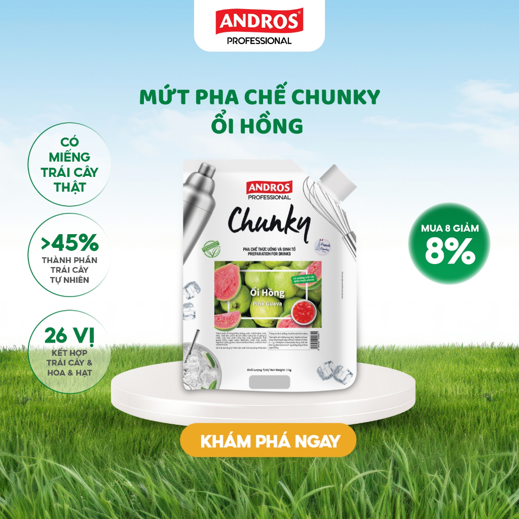 Ảnh Mứt Pha Chế Ổi hồng - Có miếng trái cây thật - Nguyên liệu pha chế - ANDROS CHUNKY - 1kg 1