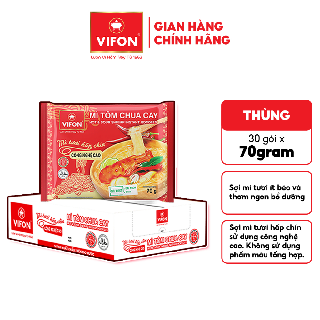 [Hỏa Tốc + Voucher 15%] Thùng 30 gói Mì Tươi Bò Xốt Vang/ Thịt Bằm / Tôm Chua Cay VIFON 70gr/Gói