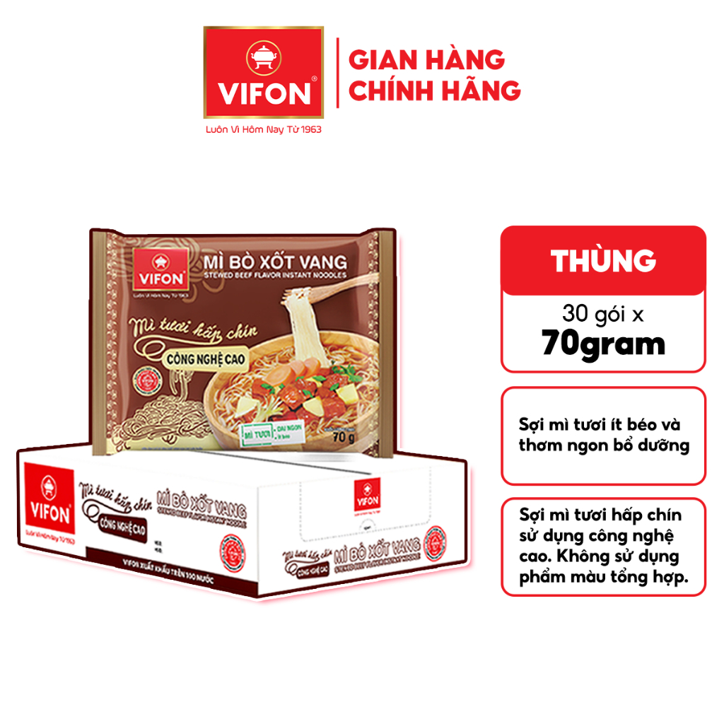 [Hỏa Tốc + Voucher 15%] Thùng 30 gói Mì Tươi Bò Xốt Vang/ Thịt Bằm / Tôm Chua Cay VIFON 70gr/Gói