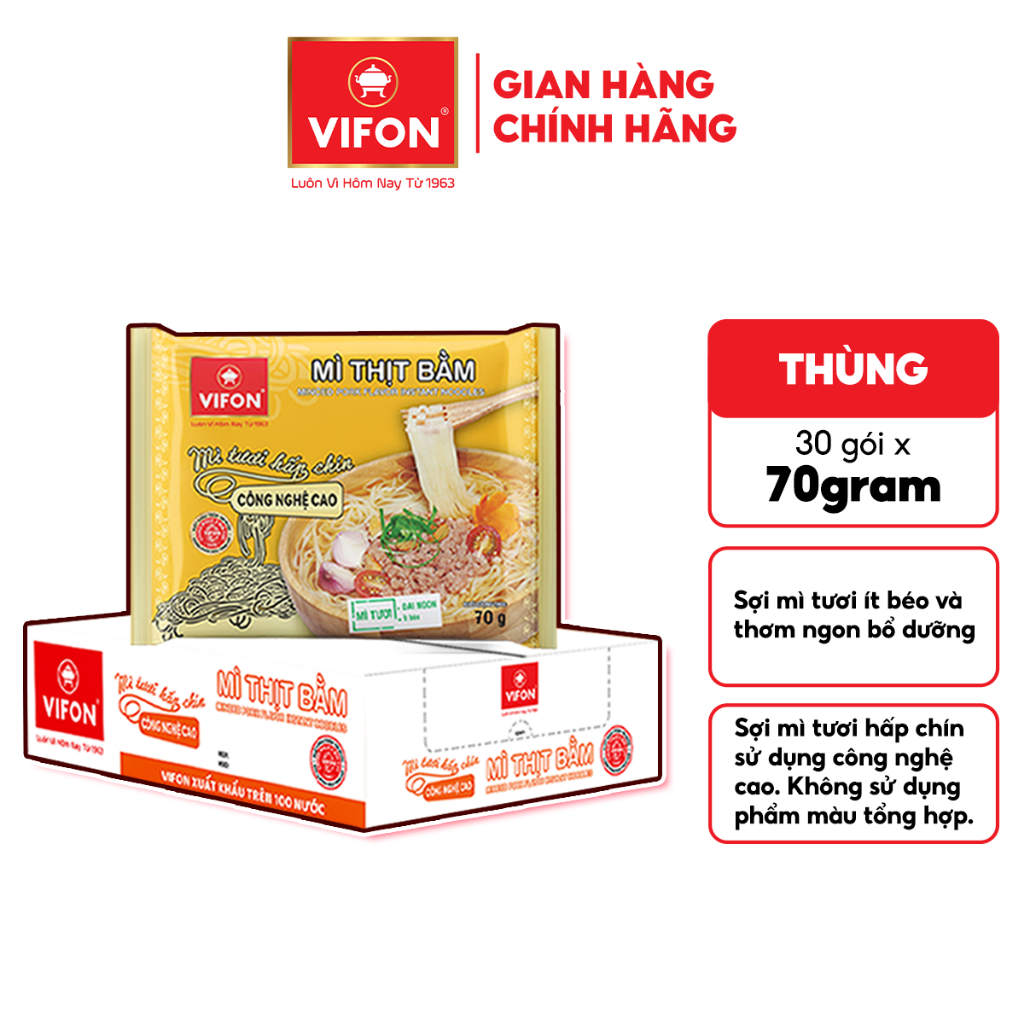 [Hỏa Tốc + Voucher 15%] Thùng 30 gói Mì Tươi Bò Xốt Vang/ Thịt Bằm / Tôm Chua Cay VIFON 70gr/Gói