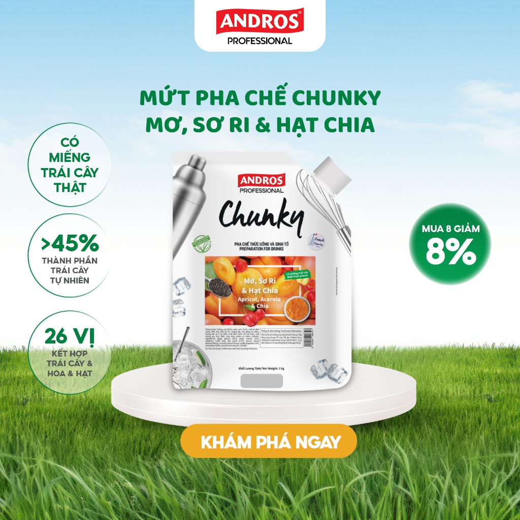 Ảnh Mứt Pha Chế Mơ, Sori & Hạt Chia  - Có miếng trái cây thật - Nguyên liệu pha chế - ANDROS CHUNKY - 1kg 1