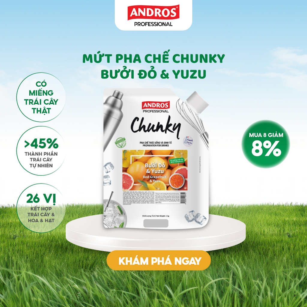 Ảnh Mứt Pha Chế Bưởi đỏ & Yuzu - Có miếng trái cây thật - Nguyên liệu pha chế -  ANDROS CHUNKY - 1kg 1