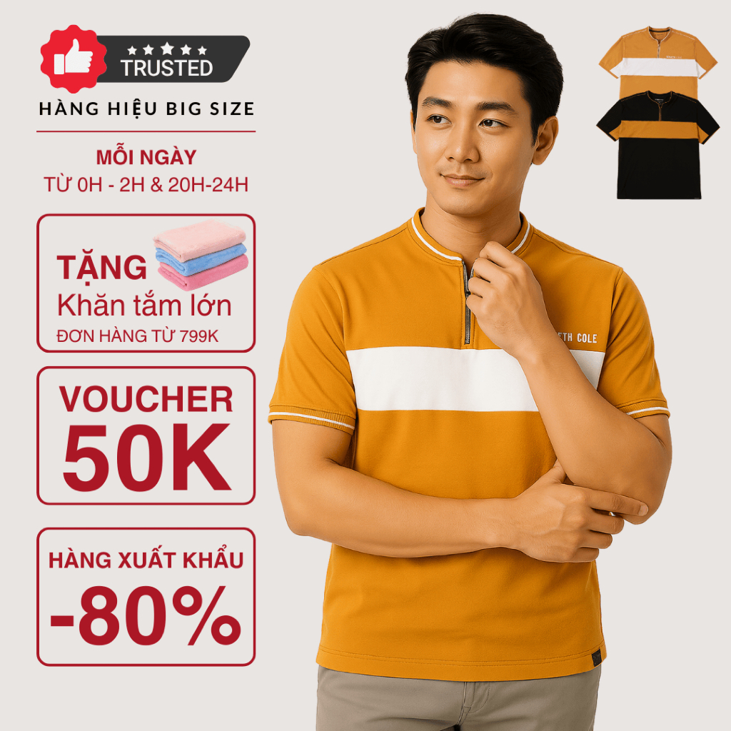 Áo Thun KC Nam Tay Ngắn Màu Mustard Khóa Zip Phối Sọc Ngang Ngực