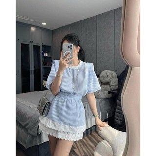 XẢ KHO 99K TRÊN LIVE Set Bộ Đồ Nữ Áo Kẻ Xanh Đệm Vai Phối Cổ Trắng Mix Chân Váy Viền Ren Gấu 2 Tầng Freesize