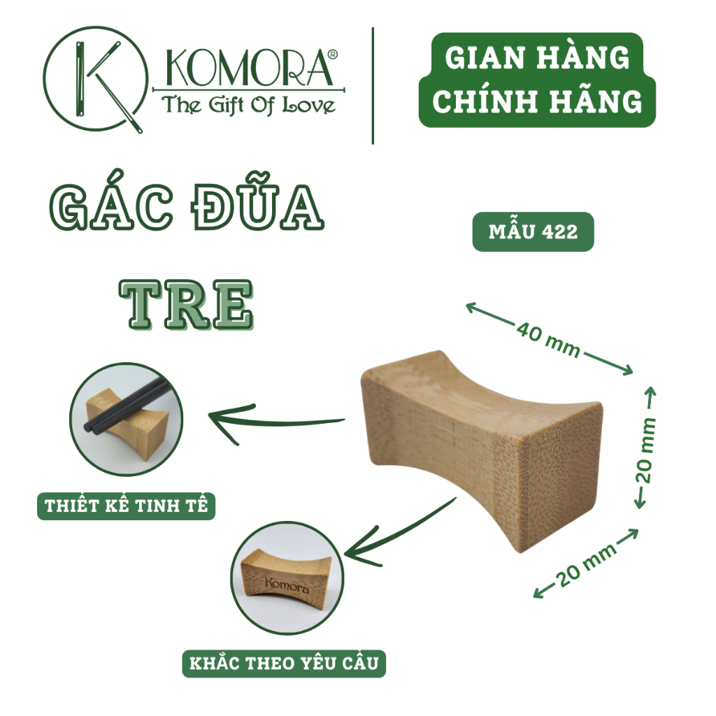 Gác Đũa Tre KOMORA, Mẫu 422 Tiêu Chuẩn, Trang Trí Bàn Ăn, Miễn Phí Khắc Theo Yêu Cầu