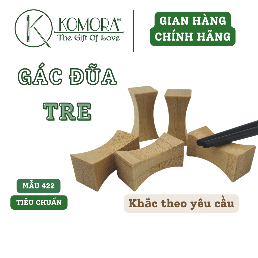 Gác Đũa Tre KOMORA, Mẫu 422 Tiêu Chuẩn, Trang Trí Bàn Ăn, Miễn Phí Khắc Theo Yêu Cầu