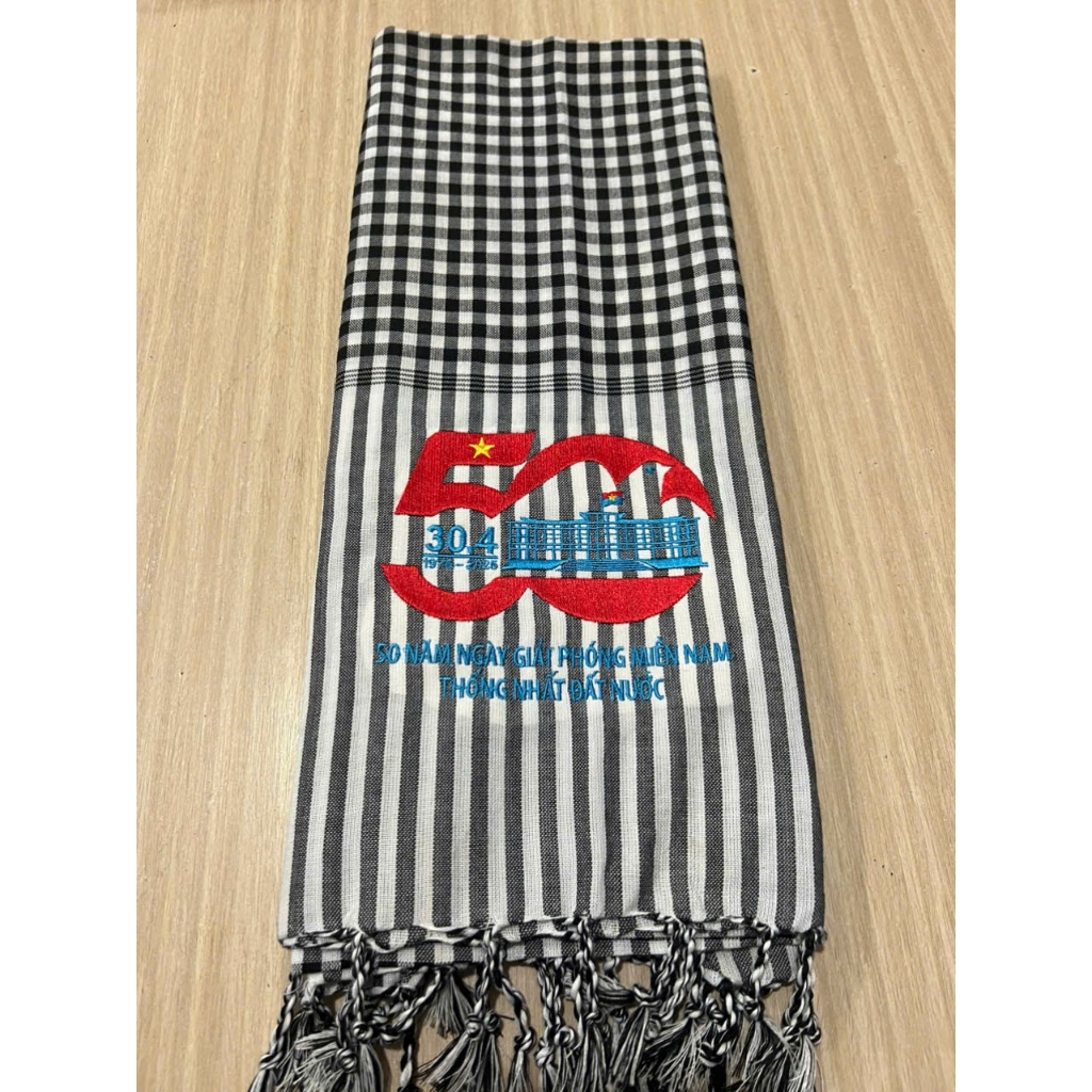 Khăn Rằn Nam Bộ Thêu Logo 50 Năm Thống Nhất Đất Nước