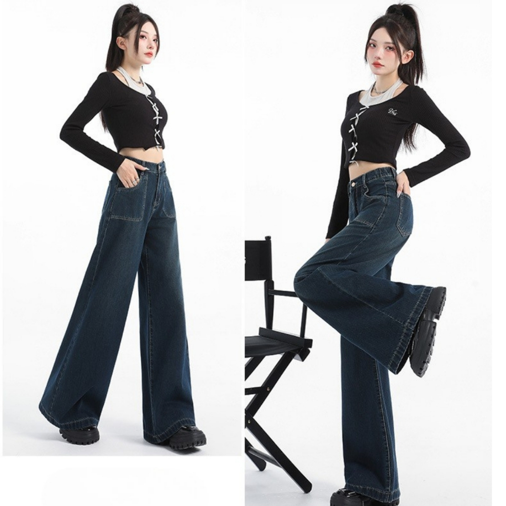Ảnh Quần Jean Bigsize Nữ Suông Dài Lưng Cao Tôn Dáng Viền Chỉ Cổ Điển 50-93kg Chubby Q544 1