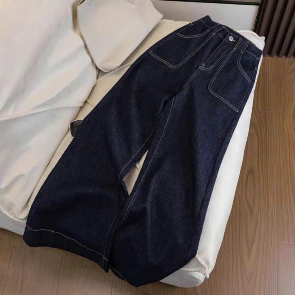 Ảnh Quần Jean Bigsize Nữ Suông Dài Lưng Cao Tôn Dáng Viền Chỉ Cổ Điển 50-93kg Chubby Q544 2