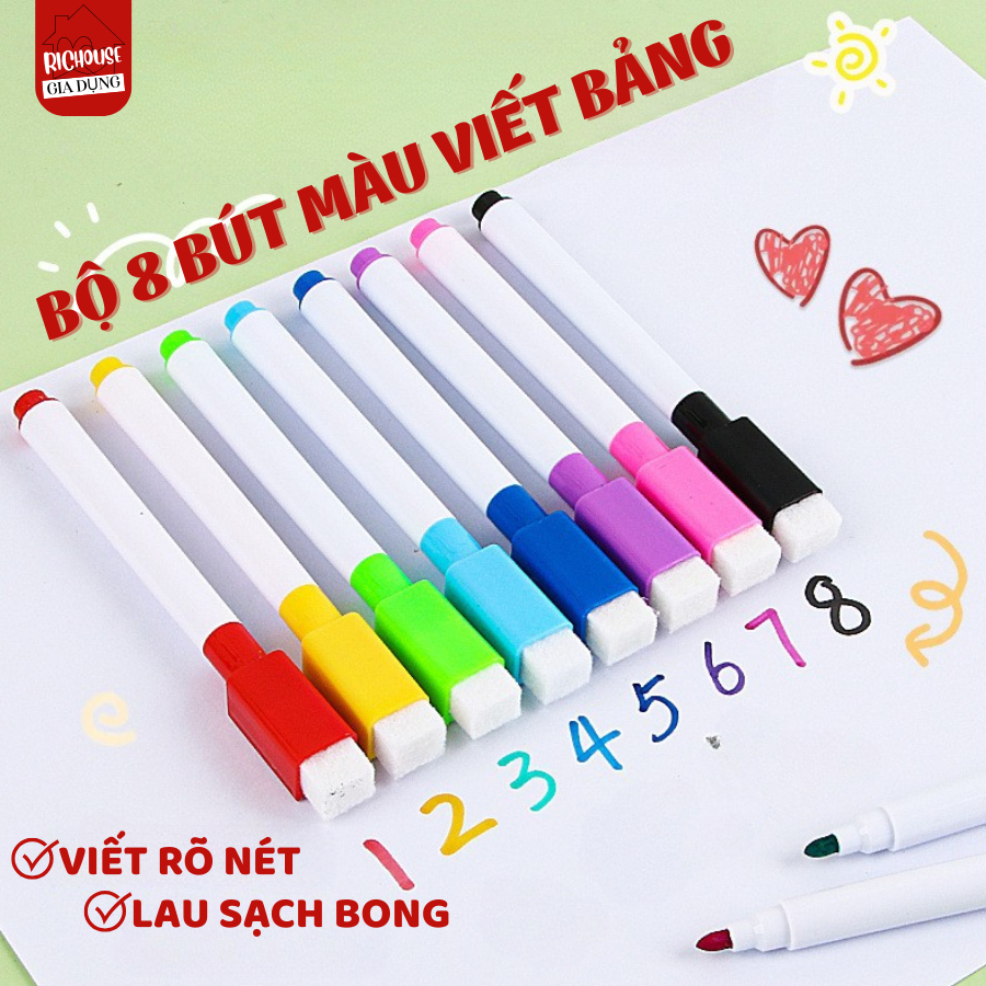 Combo 8 Cây Bút Lông Viết Bảng Trắng Có Đầu Xóa Tiện Lợi, Bút Dạ Viết Bảng Có Thể Tẩy Xóa