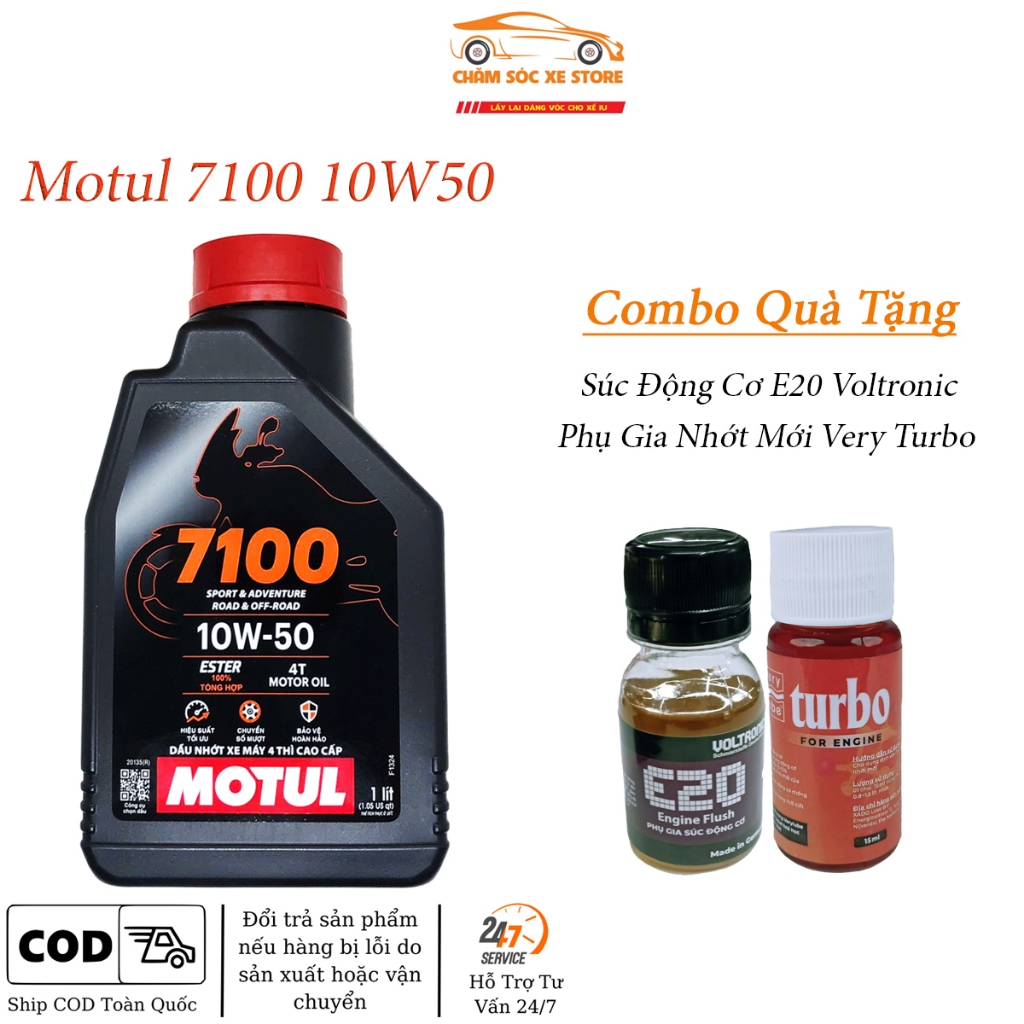 Nhớt Motul 7100 10W50 Tổng Hợp Cao Cấp Dành Cho Xe Số, Tay Côn Tặng Súc Động Cơ Và Phụ Gia Nhớt Mới