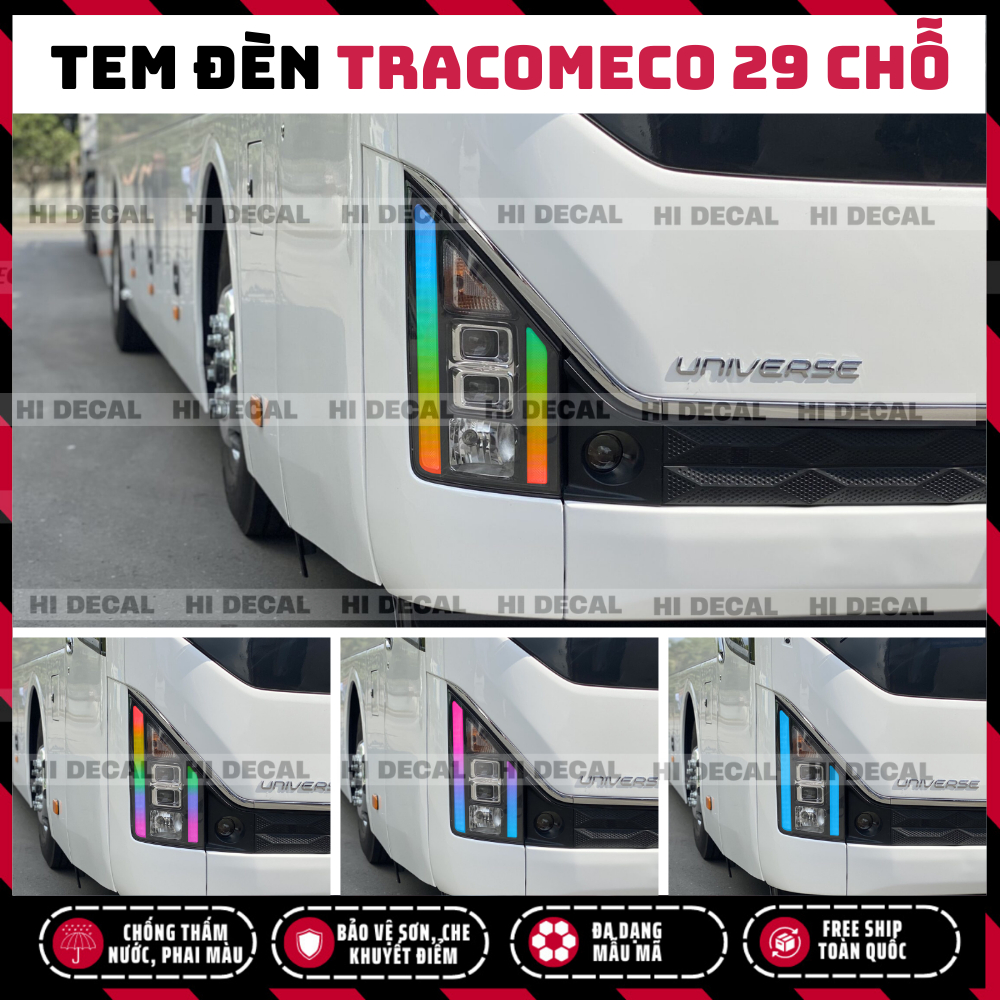 Tem dán đèn xe Tracomeco, decal đổi màu đèn xe khách xe 29 chỗ xe 45 chỗ, Universe Global decal trang trí xe