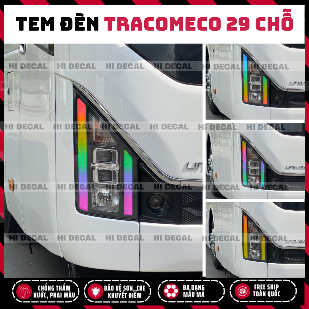 Tem dán đèn xe Tracomeco, decal đổi màu đèn xe khách xe 29 chỗ xe 45 chỗ, Universe Global decal trang trí xe