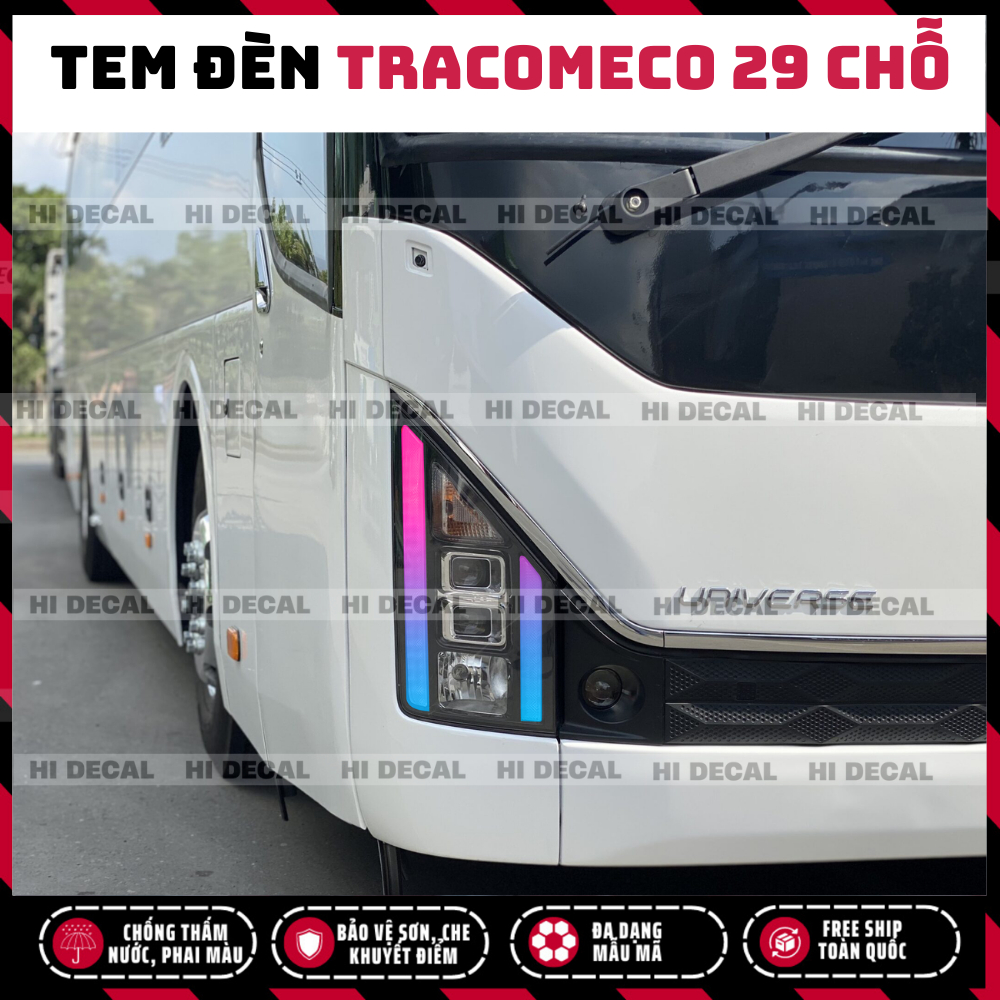 Tem dán đèn xe Tracomeco, decal đổi màu đèn xe khách xe 29 chỗ xe 45 chỗ, Universe Global decal trang trí xe