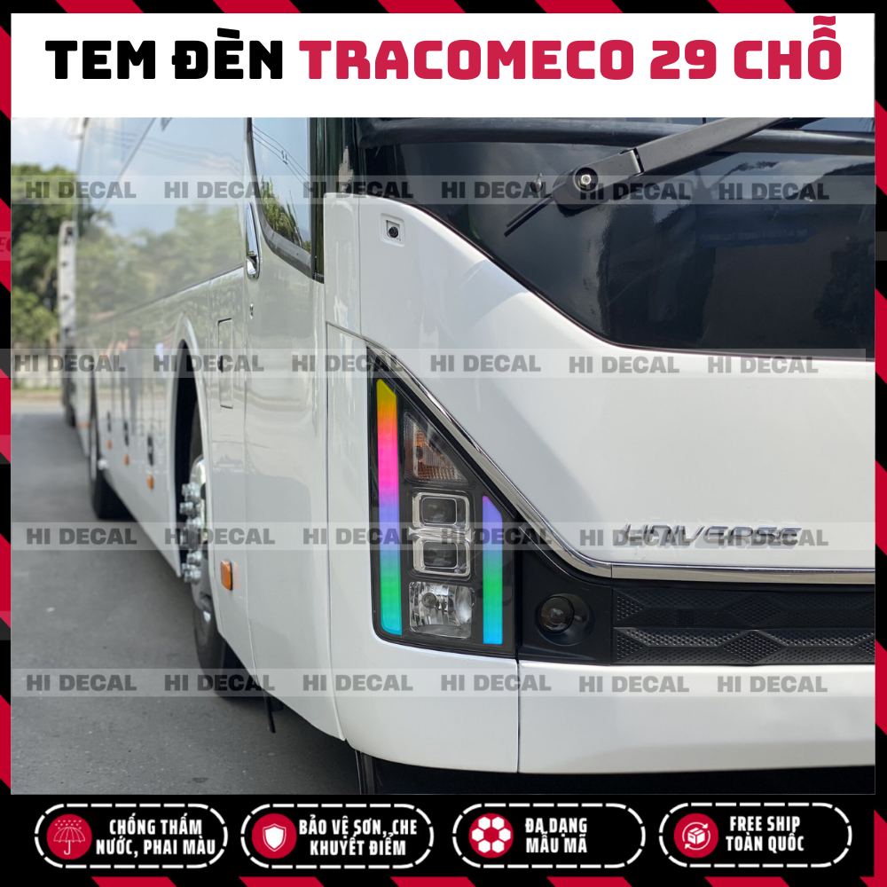 Tem dán đèn xe Tracomeco, decal đổi màu đèn xe khách xe 29 chỗ xe 45 chỗ, Universe Global decal trang trí xe
