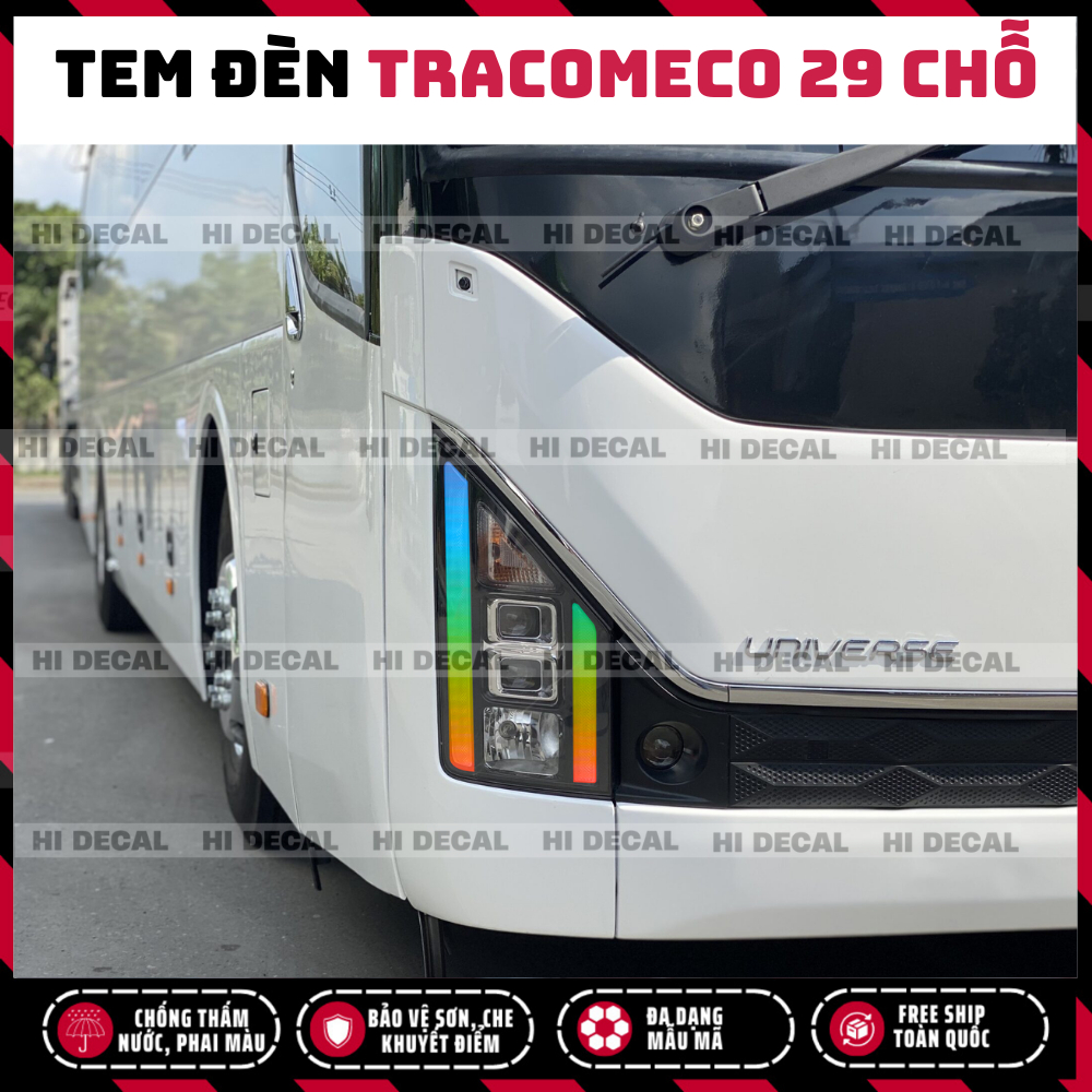Tem dán đèn xe Tracomeco, decal đổi màu đèn xe khách xe 29 chỗ xe 45 chỗ, Universe Global decal trang trí xe