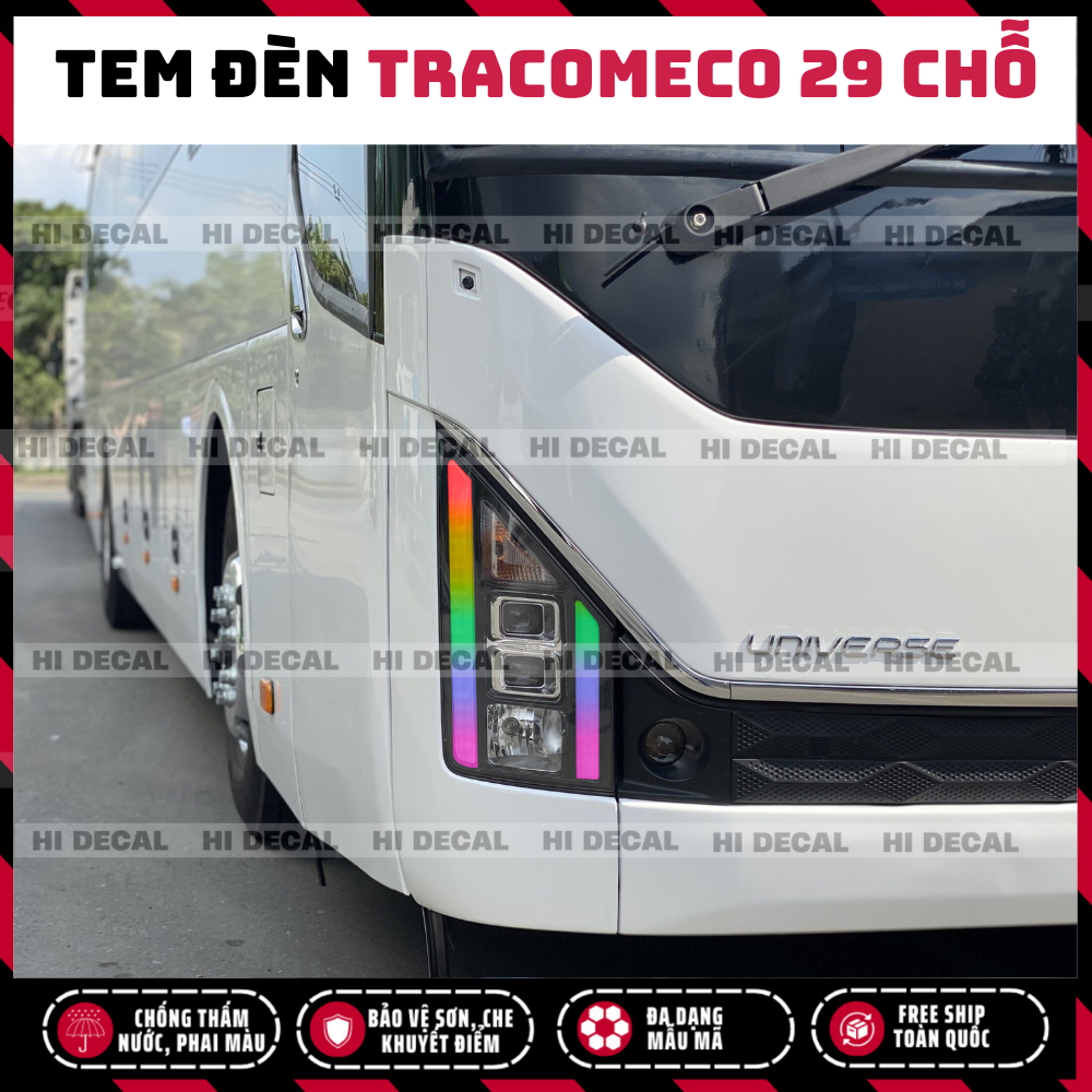 Tem dán đèn xe Tracomeco, decal đổi màu đèn xe khách xe 29 chỗ xe 45 chỗ, Universe Global decal trang trí xe