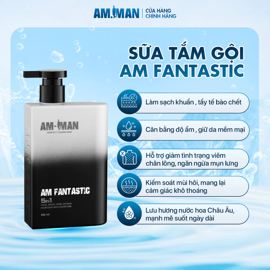 Combo Sữa Tắm Gội Nam 5in1 365ml,Gel Rửa Mặt 100ml & Bọt Vệ Sinh Nam AM MAN 120ml - Kèm Túi Hộp Quà Tặng Sang Trọng