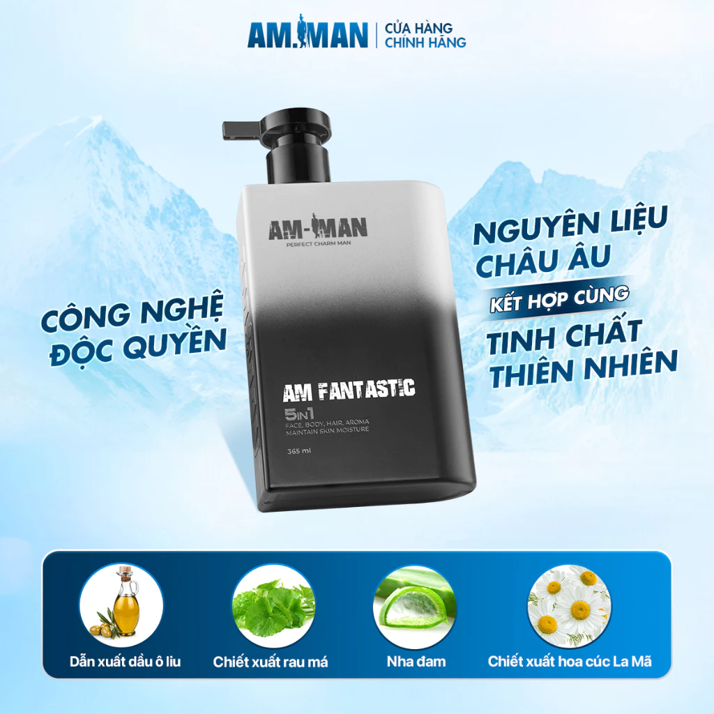 Sữa Tắm Gội Nam 5in1 AM-MAN 365ml Hương Nước Hoa Cao Cấp,Làm Sạch Bụi Bẩn,Ngăn Ngừa Mụn Lưng,3 Chức Năng Tắm,Gội,Rửa Mặt