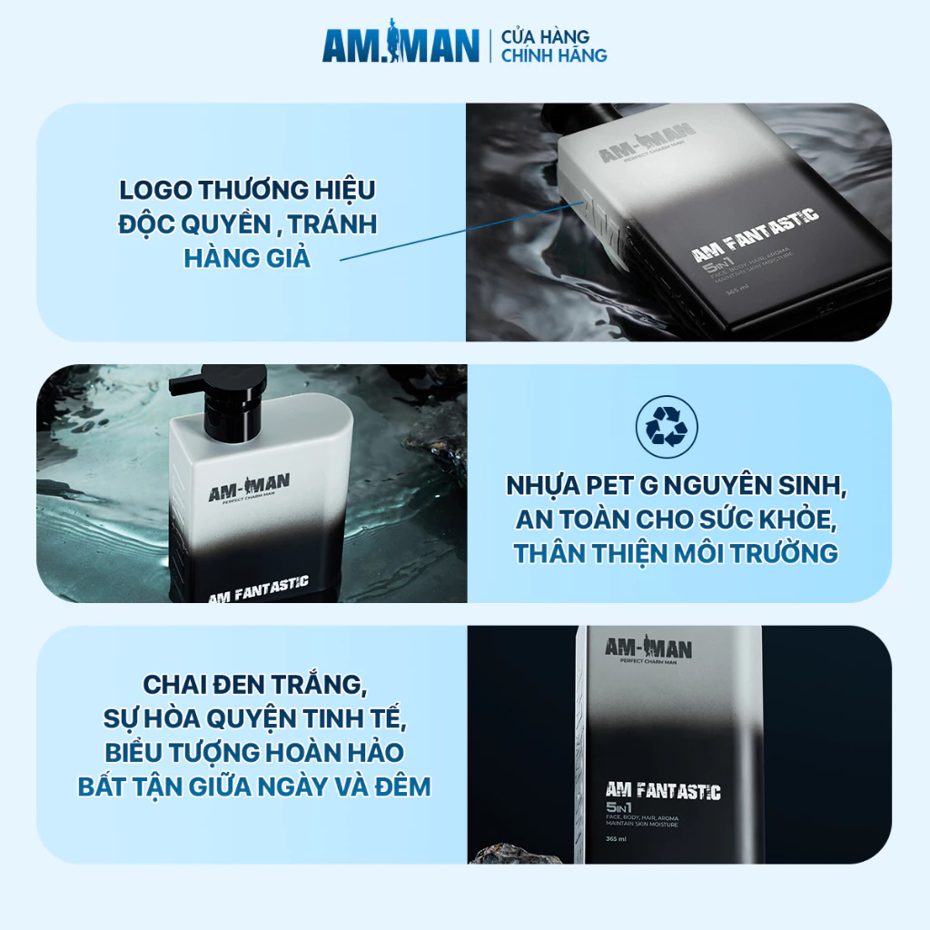 Sữa Tắm Gội Nam 5in1 AM-MAN 365ml Hương Nước Hoa Cao Cấp,Làm Sạch Bụi Bẩn,Ngăn Ngừa Mụn Lưng,3 Chức Năng Tắm,Gội,Rửa Mặt