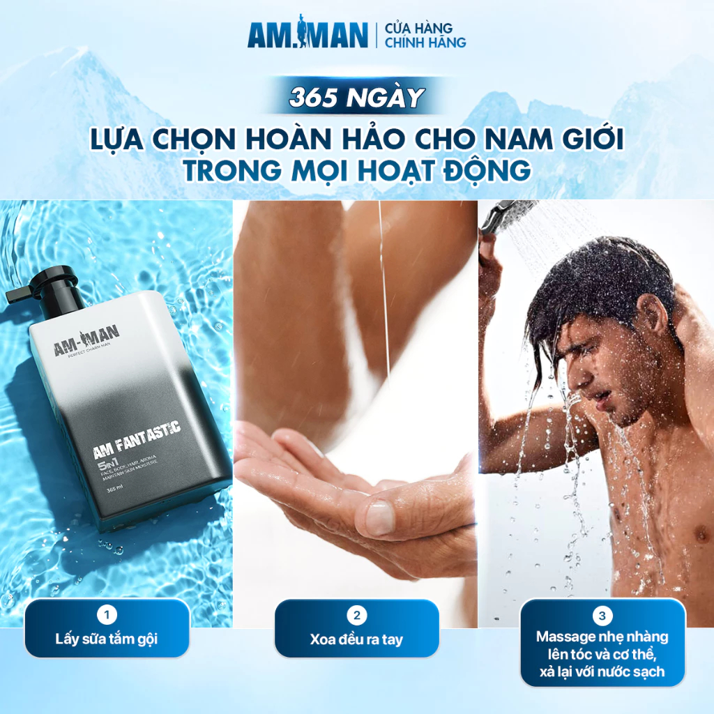 Sữa Tắm Gội Nam 5in1 AM-MAN 365ml Hương Nước Hoa Cao Cấp,Làm Sạch Bụi Bẩn,Ngăn Ngừa Mụn Lưng,3 Chức Năng Tắm,Gội,Rửa Mặt