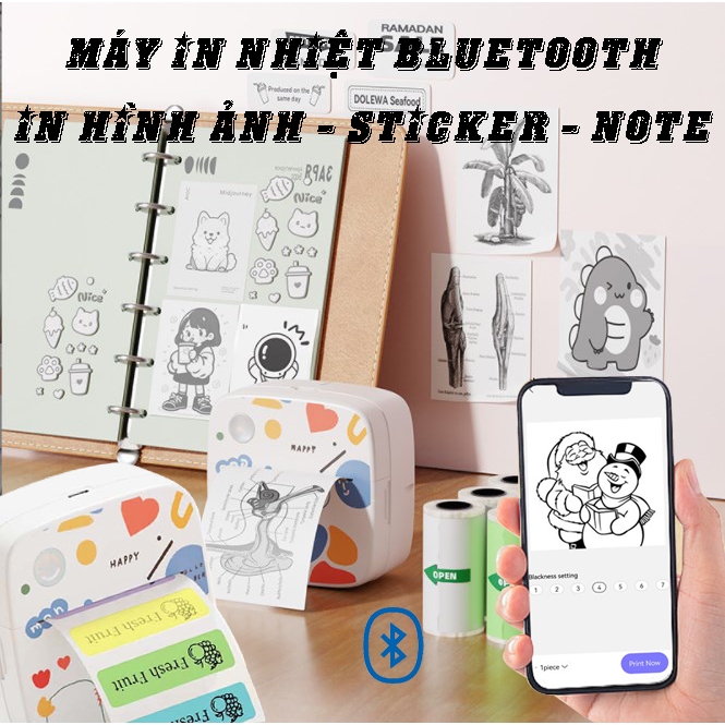 Máy in nhiệt Bluetooth mini cầm tay để in sticker - ghi chú - in tem ...