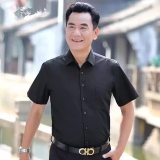 Áo Sơ Mi Nam Trung Niên Ngắn Tay Có Túi Vải Lụa Trơn Mềm Mát Không Nhăn Form Rộng