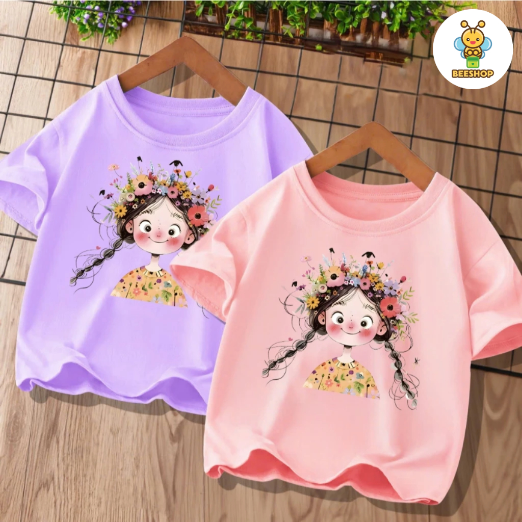 Áo phông cô gái đội hoa cho bé gái size đại BEESHOP H26037