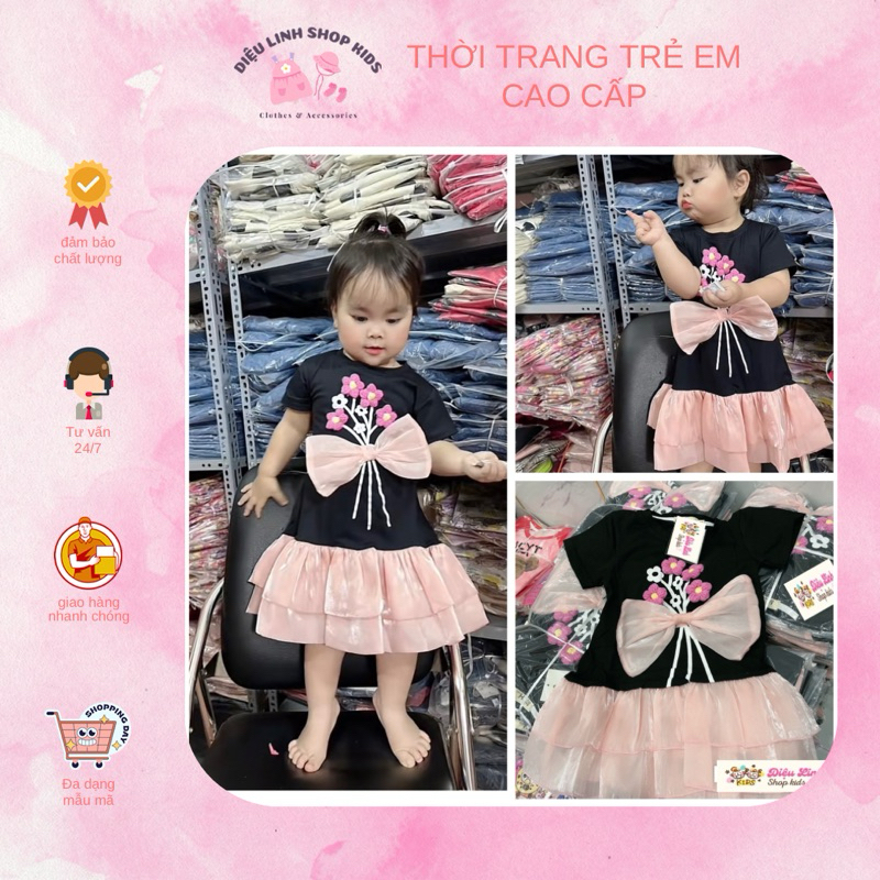 Váy Cho Bé Diệu Linh Shop Kids - Váy Cho Bé Gái thân chất cotton phối vải voan đuôi cá Hồng hai tầng Nhẹ Nhàng Đáng Yêu