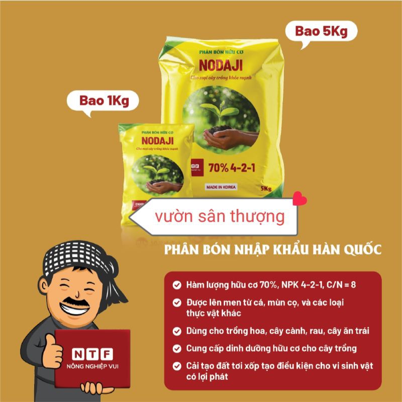 1 Kg Phân Bón Hữu Vơ Nodaji Nhập Khẩu Từ Hàn Quốc, Hữu Cơ 70%, Npk 4-2-1