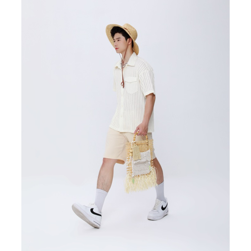 Set đồ nam Linen Dệt Lưới phối Quần Kaki – Thiết kế mỏng nhẹ, thanh lịch cho mùa hè 2025