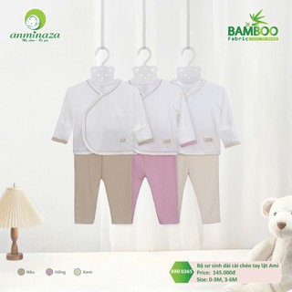 Bộ Sơ Sinh Dài Cài Chéo Tay Lật Aminza Thun Lạnh Mềm Mại Cho Bé Sơ Sinh Size 3kg-7kg