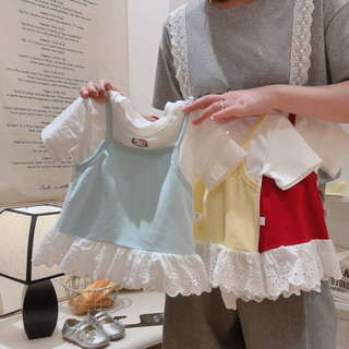 Áo thun ngắn tay cotton thêu mèo dễ thương cho bé