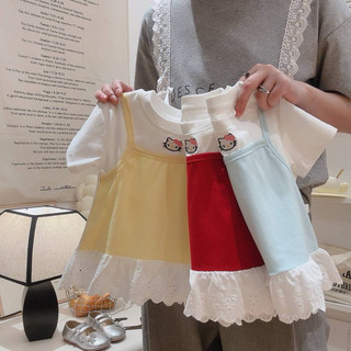 Áo thun ngắn tay cotton thêu mèo dễ thương cho bé