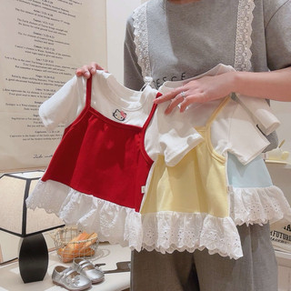 Áo thun ngắn tay cotton thêu mèo dễ thương cho bé