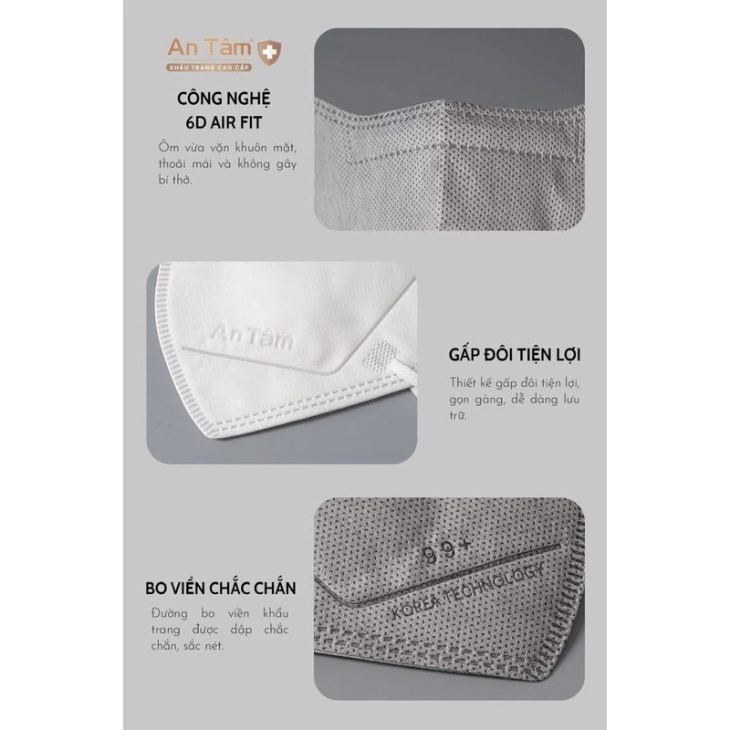 Set 100 cái khẩu trang 6D An Tâm 4 lớp kháng khuẩn, chống bụi mịn nghệ Hàn Quốc size người lớn