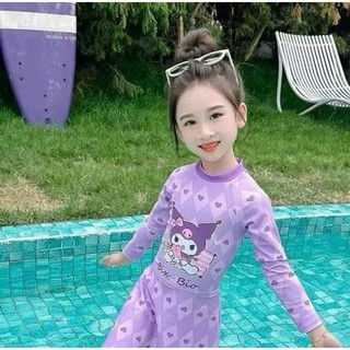 BK37 Đồ bơi bé gái dài liền thân tay họa tiết baby three-kuromi kèm chân váy,bikini đi biển 10-30kg