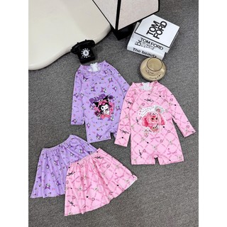 BK37 Đồ bơi bé gái dài liền thân tay họa tiết baby three-kuromi kèm chân váy,bikini đi biển 10-30kg