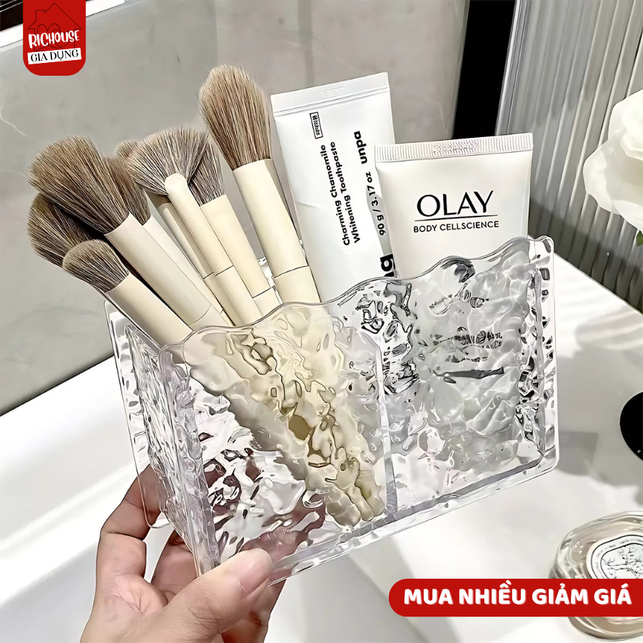 Khay Đựng Mỹ Phẩm Vân KIM CƯƠNG, Hộp Để Cọ Trang Điểm, Ống Để Bút 2 Ngăn Trong Suốt Để Bàn Siêu Đẹp
