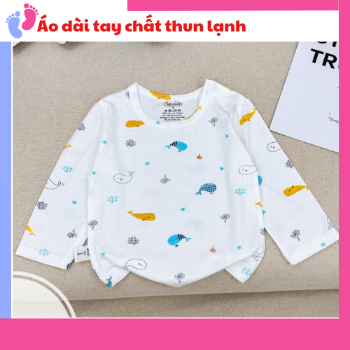 Áo dài tay chất thun lạnh nền trắng họa tiết thú đáng yêu, có cúc cài vai cho bé từ 4-14kg Saubabi