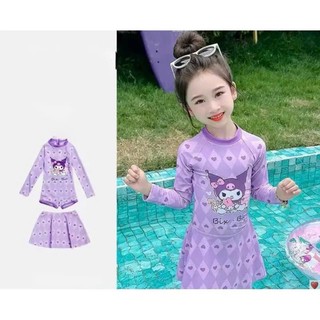 BK37 Đồ bơi bé gái dài liền thân tay họa tiết baby three-kuromi kèm chân váy,bikini đi biển 10-30kg