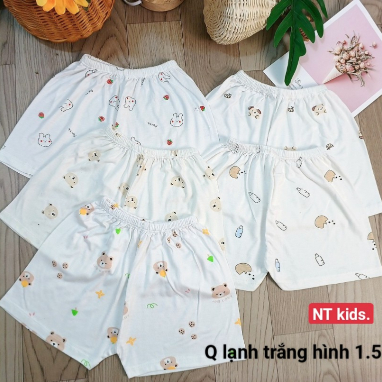 Quần chục đùi thun lạnh peptit nền trắng họa tiết thú cho bé 4-14kg