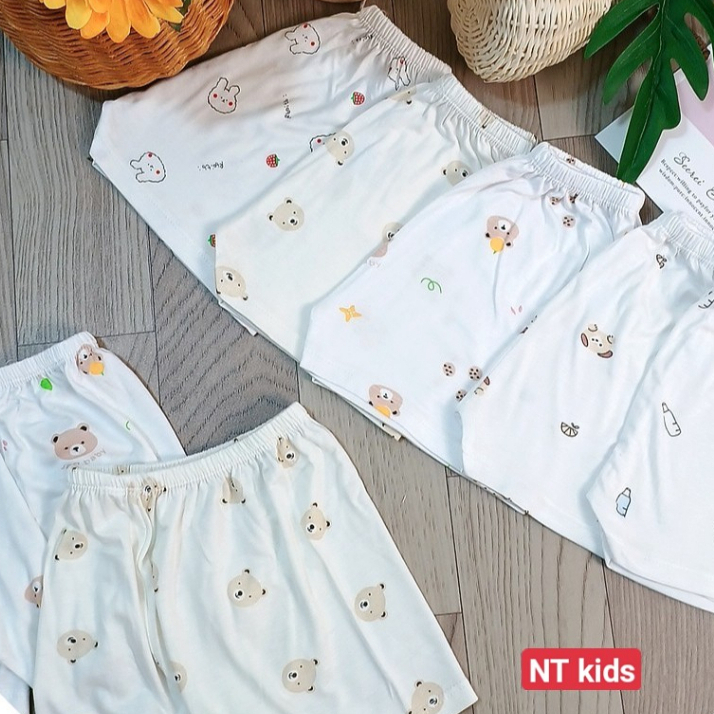 Quần chục đùi thun lạnh peptit nền trắng họa tiết thú cho bé 4-14kg