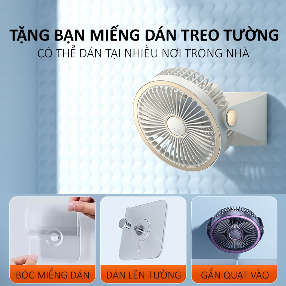 Quạt để bàn tích điện 5 cấp độ gió , quạt để văn phòng, treo nhà vệ sinh, có led, pin trâu 4h